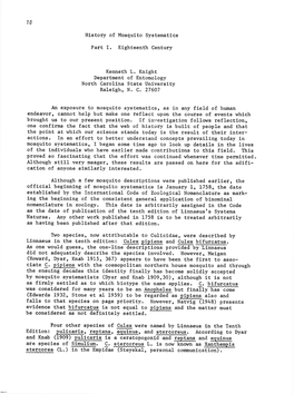 70 History of Mosquito Systematics Part I. Eighteenth Century Kenneth L. Knight Department of Entomology North Carolina State Un