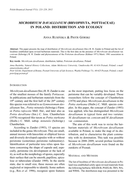 Microbryum Davallianum (Bryophyta, Pottiaceae) in Poland: Distribution and Ecology