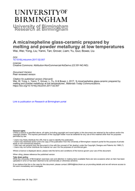 A Mica/Nepheline Glass-Ceramic Prepared by Melting and Powder Metallurgy at Low Temperatures Wei, Wei; Yong, Liu; Yanni, Tan; Grover, Liam; Yu, Guo; Bowei, Liu