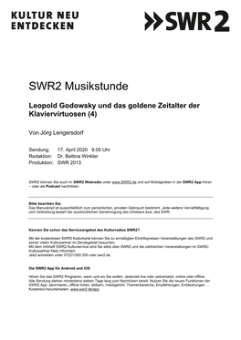 SWR2 Musikstunde Leopold Godowsky Und Das Goldene