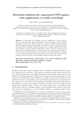 Fractional Solutions for Capacitated NTU-Games, with Applications to Stable Matchings∗