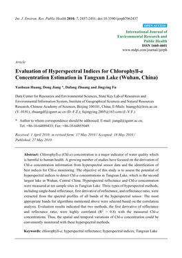 Evaluation of Hyperspectral Indices for Chlorophyll-A Concentration Estimation in Tangxun Lake (Wuhan, China)
