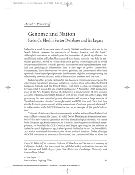 Genome and Nation Iceland's Health Sector Database and Its Legacy