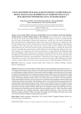 Upaya Konservasi Kapal Karam Gosong Nambi Sebagai Bukti Adanya Jalur Perdangan Maritim Masa Lalu Di Kabupaten Pesisir Selatan, Sumatra Barat