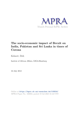 The Socio-Economic Impact of Brexit on India, Pakistan and Sri Lanka in Times of Corona