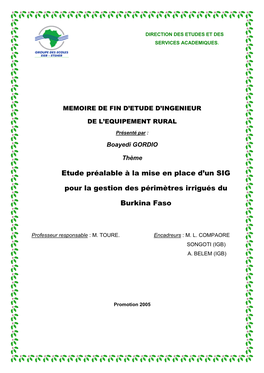 Etude Préalable À La Mise En Place D'un SIG Pour La Gestion Des