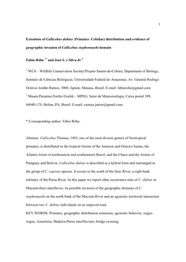 1 Extention of Callicebus Dubius (Primates: Cebidae) Distribution