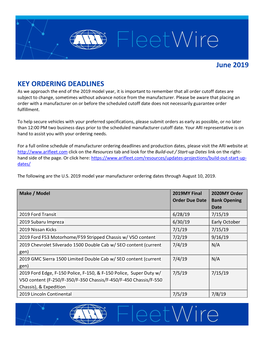 June 2019 KEY ORDERING DEADLINES