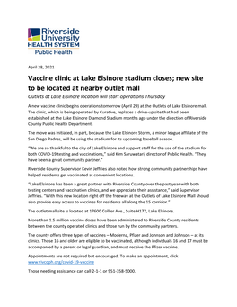 Vaccine Clinic at Lake Elsinore Stadium Closes