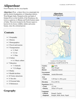 Alipurduar Coordinates: 26.489°N 89.527°E from Wikipedia, the Free Encyclopedia