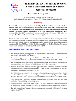 Summary of 2006 NW Pacific Typhoon Season and Verification of Authors’ Seasonal Forecasts
