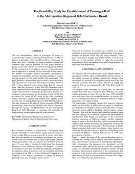 The Feasibility Study for Establishment of Passenger Rail in the Metropolitan Region of Belo Horizonte / Brazil