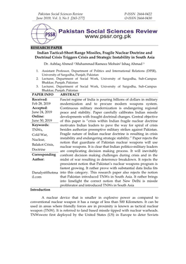 Indian Tactical-Short Range Missiles, Fragile Nuclear Doctrine and Doctrinal Crisis Triggers Crisis and Strategic Instability in South Asia Dr