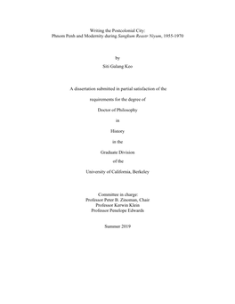 Writing the Postcolonial City: Phnom Penh and Modernity During Sangkum Reastr Niyum, 1955-1970