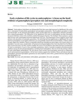 Early Evolution of Life Cycles in Embryophytes: a Focus on the Fossil Evidence of Gametophytesporophyte Size and Morphological C