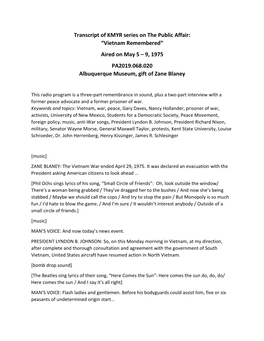 Vietnam Remembered” Aired on May 5 – 9, 1975 PA2019.068.020 Albuquerque Museum, Gift of Zane Blaney