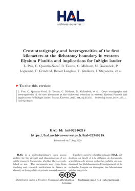 Crust Stratigraphy and Heterogeneities of the First Kilometers at the Dichotomy Boundary in Western Elysium Planitia and Implications for Insight Lander L