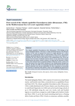 First Record of the Atlantic Spadefish Chaetodipterus Faber (Broussonet, 1782) in the Mediterranean Sea: Is It a New Aquarium Release?