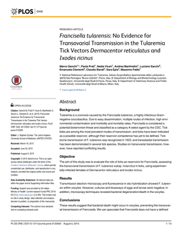 Francisella Tularensis: No Evidence for Transovarial Transmission in the Tularemia Tick Vectors Dermacentor Reticulatus and Ixodes Ricinus