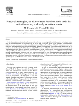 Pseudo-Akuammigine, an Alkaloid from Picralima Nitida Seeds, Has Anti-Inﬂammatory and Analgesic Actions in Rats