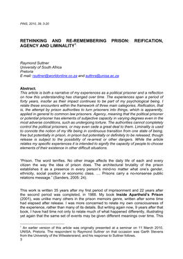 Rethinking and Re-Remembering Prison: Reification, Agency and Liminality1