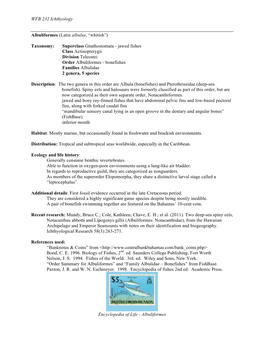 WFB 232 Ichthyology Albuliformes (Latin Albulus, “Whitish”) Taxonomy