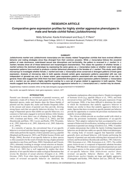 RESEARCH ARTICLE Comparative Gene Expression Profiles for Highly Similar Aggressive Phenotypes in Male and Female Cichlid Fishes (Julidochromis)