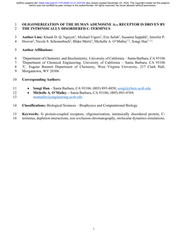 Oligomerization of the Human Adenosine A2a Receptor Is Driven by 2 the Intrinsically Disordered C-Terminus