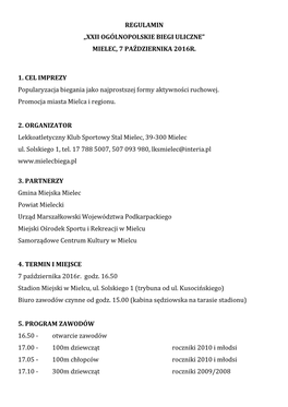 Regulamin „Xxii Ogólnopolskie Biegi Uliczne” Mielec, 7 Października 2016R