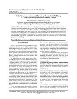 Water Governance and Accessibilty Among Households in Mahikeng: a Case Study of Rooigrond and Dihatshwane Villages