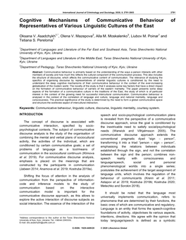 Cognitive Mechanisms of Communicative Behaviour of Representatives of Various Linguistic Cultures of the East