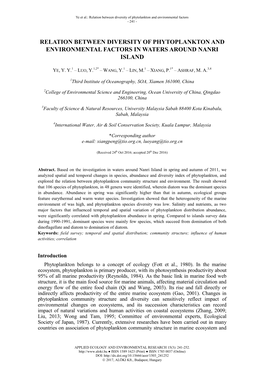 Relation Between Diversity of Phytoplankton and Environmental Factors in Waters Around Nanri Island