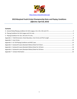 2019 Maryland Youth Cricket Championship Rules and Playing Conditions (Effective: April 20, 2019)