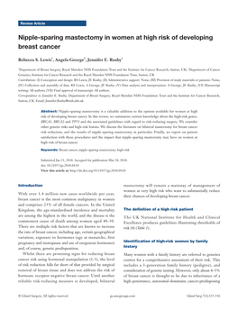 Nipple-Sparing Mastectomy in Women at High Risk of Developing Breast Cancer