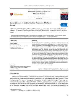 Current Trends in Mobile Nuclear Reactor's (Mnrs): a Review