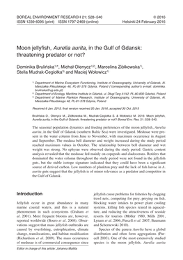 Moon Jellyfish, Aurelia Aurita, in the Gulf of Gdansk: Threatening Predator Or Not?