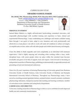 CURRICULUM VITAE OBAKIRO SAMUEL BAKER Bsc (MAK), Msc