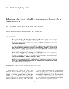 Pulmonary Tuberculosis-A Health Problem Amongst Saharia Tribe In