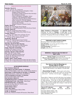 Palm Sunday March 25, 2018 MASS INTENTIONS & DEVOTION
