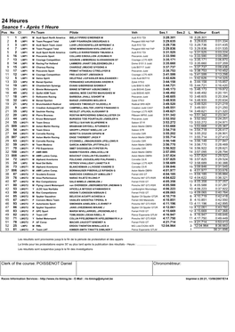 24 Heures Seance 1 - Après 1 Heure Pos No Cl Pn Team Pilote Veh Ses.1 Ses.2 L