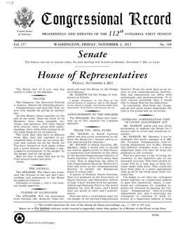 Congressional Record United States Th of America PROCEEDINGS and DEBATES of the 112 CONGRESS, FIRST SESSION