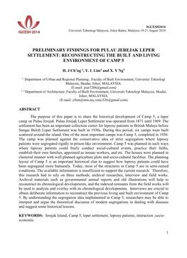 Preliminary Findings for Pulau Jerejak Leper Settlement: Reconstructing the Built and Living Environment of Camp 5