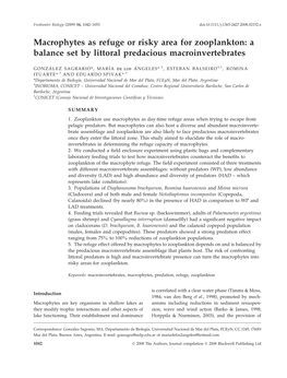 Macrophytes As Refuge Or Risky Area for Zooplankton: a Balance Set by Littoral Predacious Macroinvertebrates