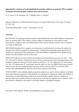 Quantitative Analysis of Malondialdehyde-Guanine Adducts in Genomic DNA Samples by Liquid Chromatography Tandem Mass Spectrometry