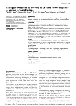 Laryngeal Ultrasound As Effective As CT Scans for the Diagnosis of Various Laryngeal Lesions Wail F