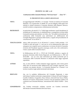 DECRETO 31.3. 2005 N. 62 Costituzione Della Comunità Montana “Del Gran Sasso”