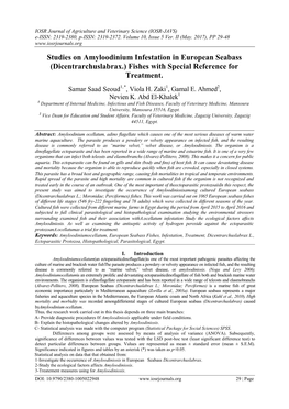 Studies on Amyloodinium Infestation in European Seabass (Dicentrarchuslabrax.) Fishes with Special Reference for Treatment