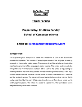 MCA Part III Paper- XIX Topic: Parsing Prepared By