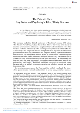 The Patient's Turn Roy Porter and Psychiatry's Tales, Thirty Years On