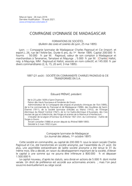 Cie Lyonnaise De Madagascar Ancienne Société En Commandite Ch